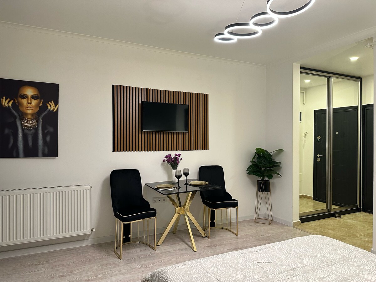 A modern living space is depicted, featuring a wall-mounted television above a small dining table with two black chairs. A decorative plant adds a touch of greenery, and a stylish light fixture hangs from the ceiling. The entrance is visible through glass doors.