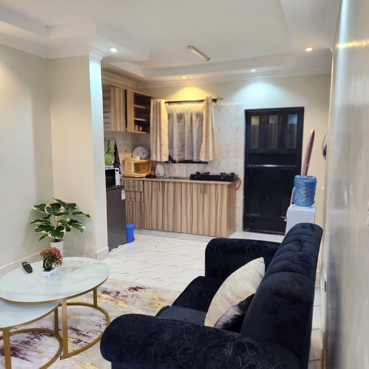 A living space is designed with a dark upholstered sofa facing a round glass table. The kitchenette, equipped with wood cabinetry and appliances, is visible in the background. Natural light illuminates the area, complemented by soft white walls and a small potted plant.