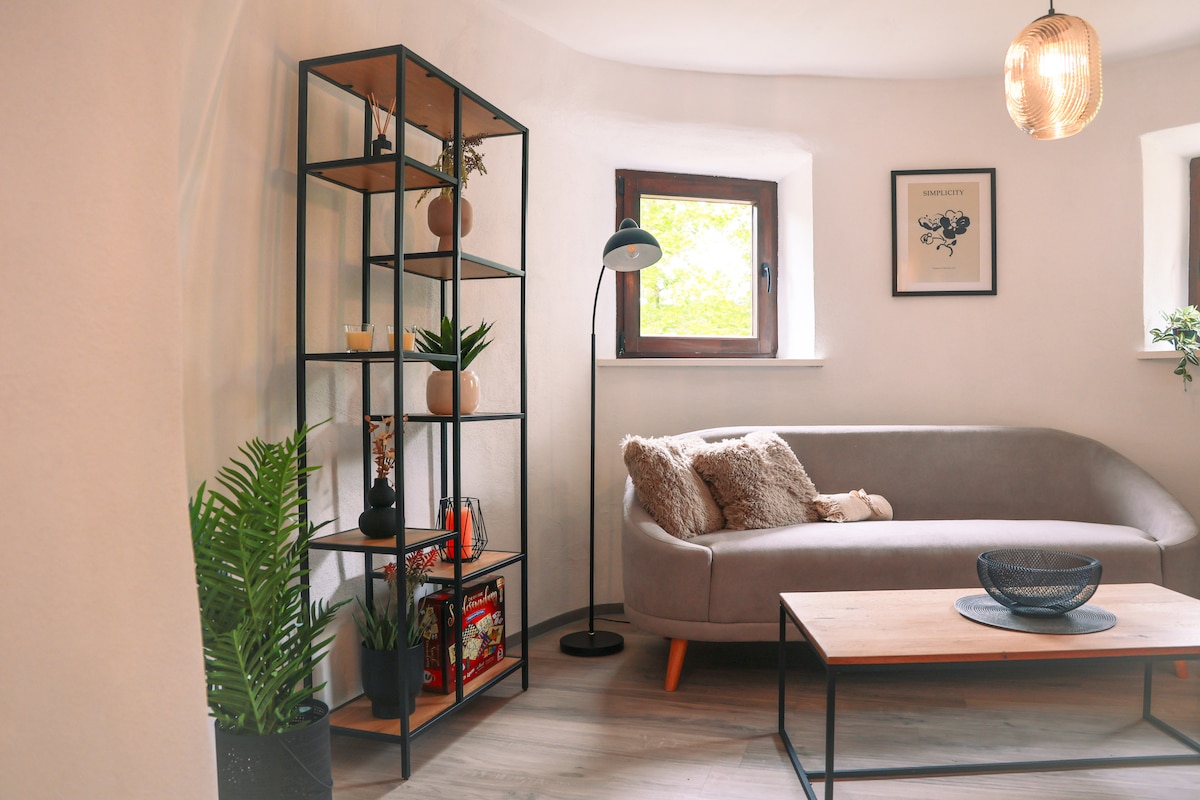 An inviting living area features a curved gray sofa positioned near a wooden coffee table. A black shelf unit holds various plants and decor items. Natural light filters through a window, enhancing the room's cozy atmosphere with a floor lamp providing additional light.