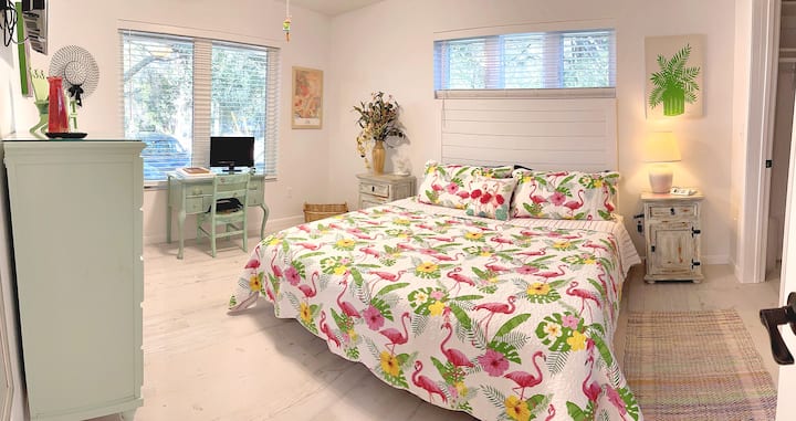 The Bungalow bedroom 1 has twin beds that can be separated or strapped together to form a king bed.  This room includes its own walk-in closet, & a desk with monitor.  There is plenty of storage space & it enjoys a private tub/shower combo bathroom.