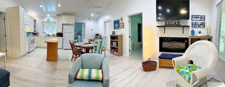 The Bungalow great room is ideal for family and friends gathers.  The cooks are never isolated from the activities of the group.  A large living area includes plenty of seating, dining for 5+, reading materials and games & room for an air mattress.
