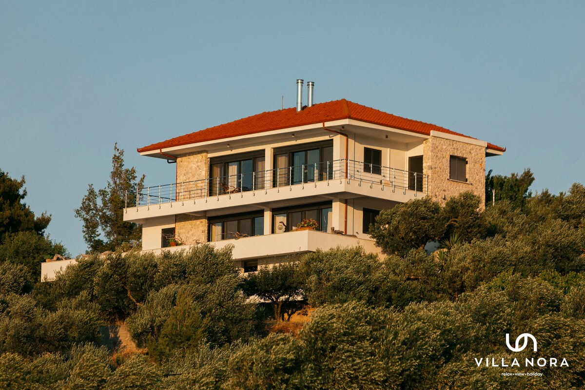The villa's exterior is showcased atop a scenic hillside, featuring a modern design with a red tiled roof and stone accents. Large windows and balconies provide outdoor views, surrounded by lush greenery and trees that enhance the natural landscape.