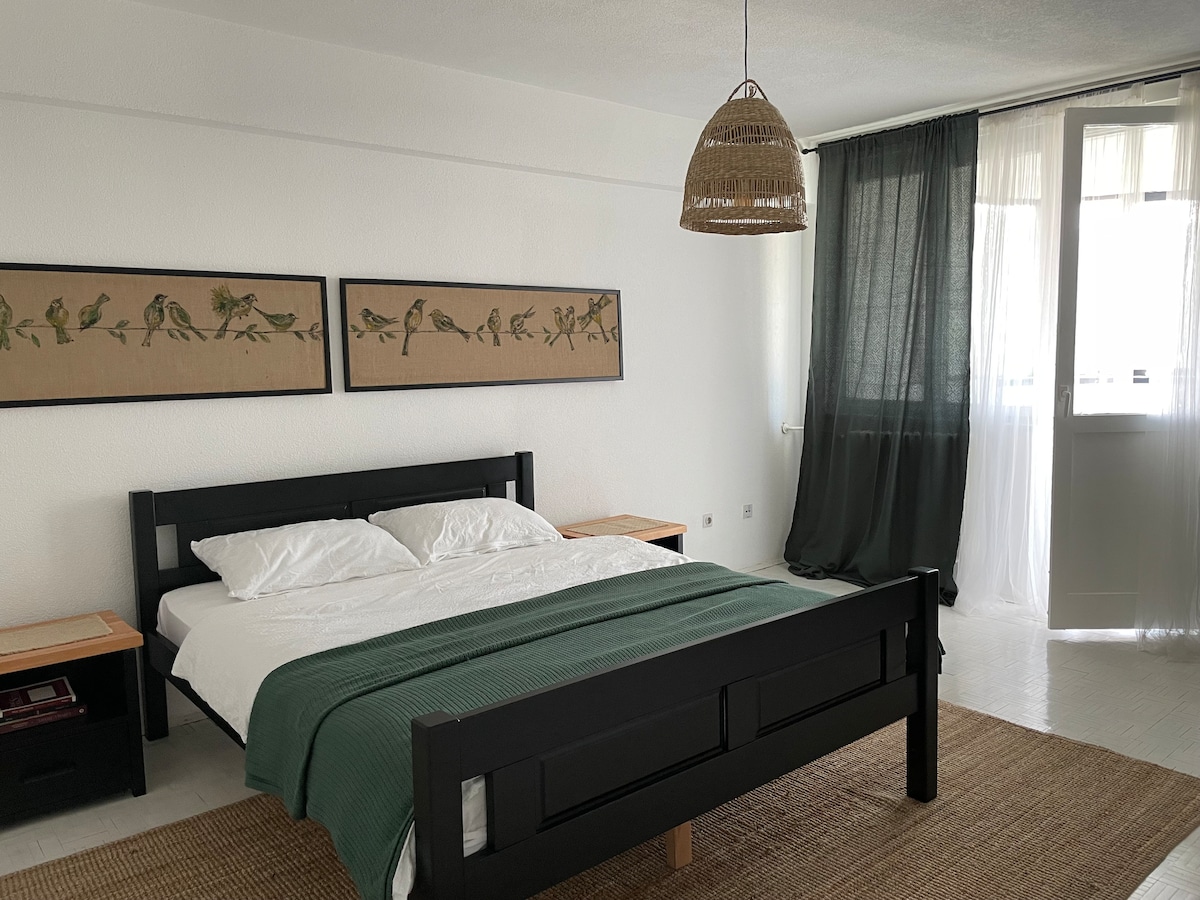 A spacious sleeping area is presented, featuring a black wooden bed complemented by white linens and a green blanket. Two framed bird illustrations provide a natural touch on the wall. Large windows with sheer curtains allow natural light to enter, enhancing the airy feel.