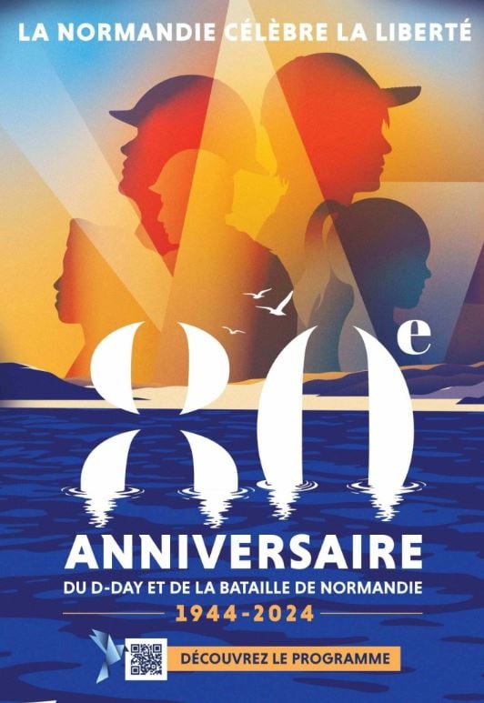 A graphic illustration commemorates the 80th anniversary of D-Day and the Battle of Normandy. Silhouettes of three figures are shown against a sunset backdrop over water. The text highlights the event along with the years 1944-2024, conveying a sense of historical significance.