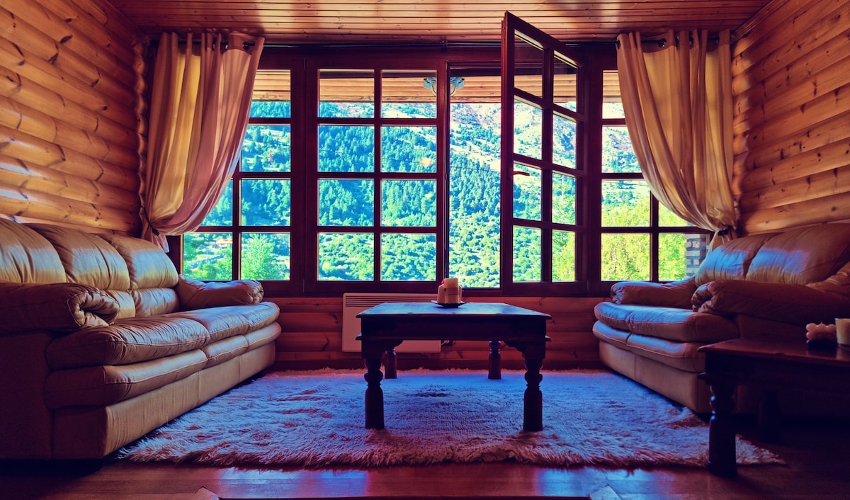 A cozy living area features two light-colored sofas positioned across from a wooden coffee table. Large windows adorned with soft curtains provide a view of the lush greenery outside, while warm wooden walls create a comfortable atmosphere.