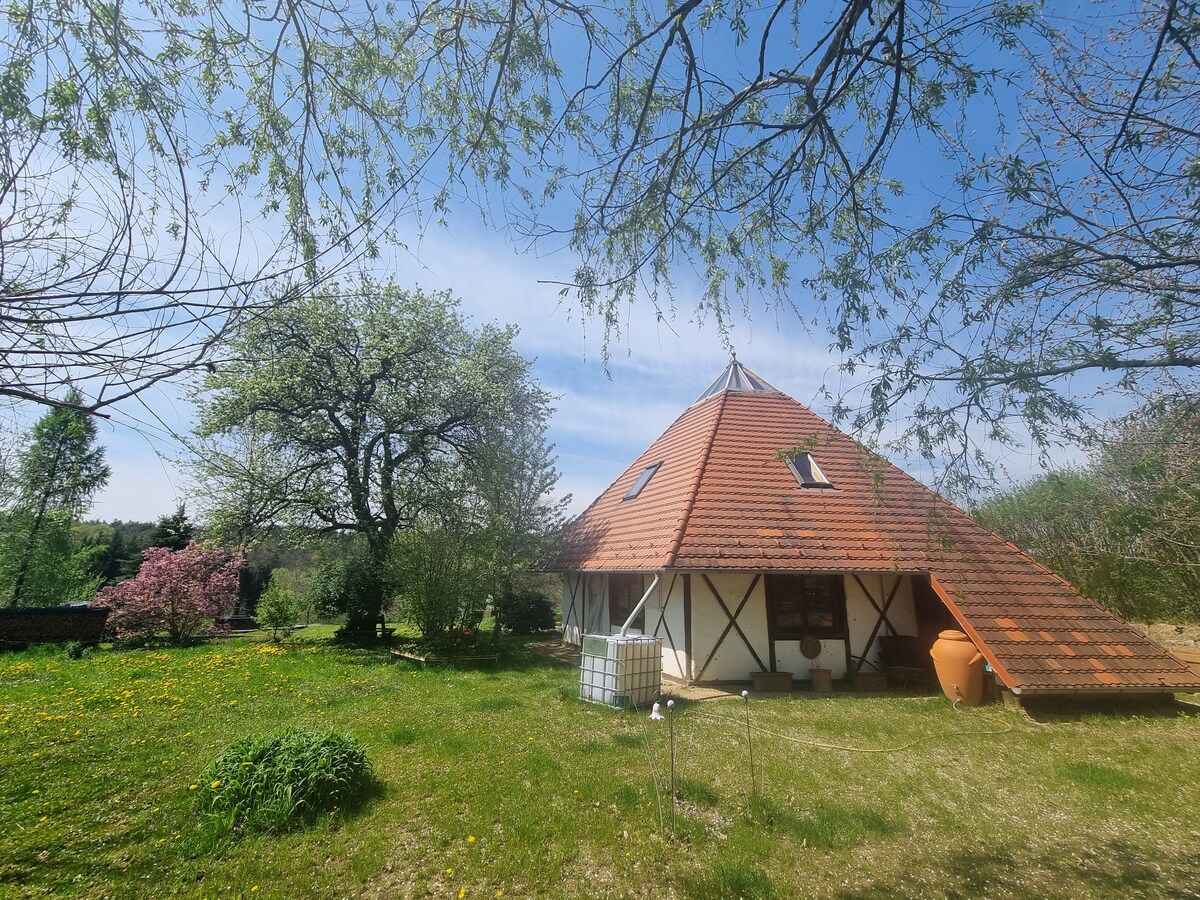 A yurt-like building with a distinctive sloped roof is surrounded by a lush green landscape. Flowering trees and spring grass enhance the tranquil setting, while a terra-cotta pot adds a touch of warmth to the welcoming exterior.