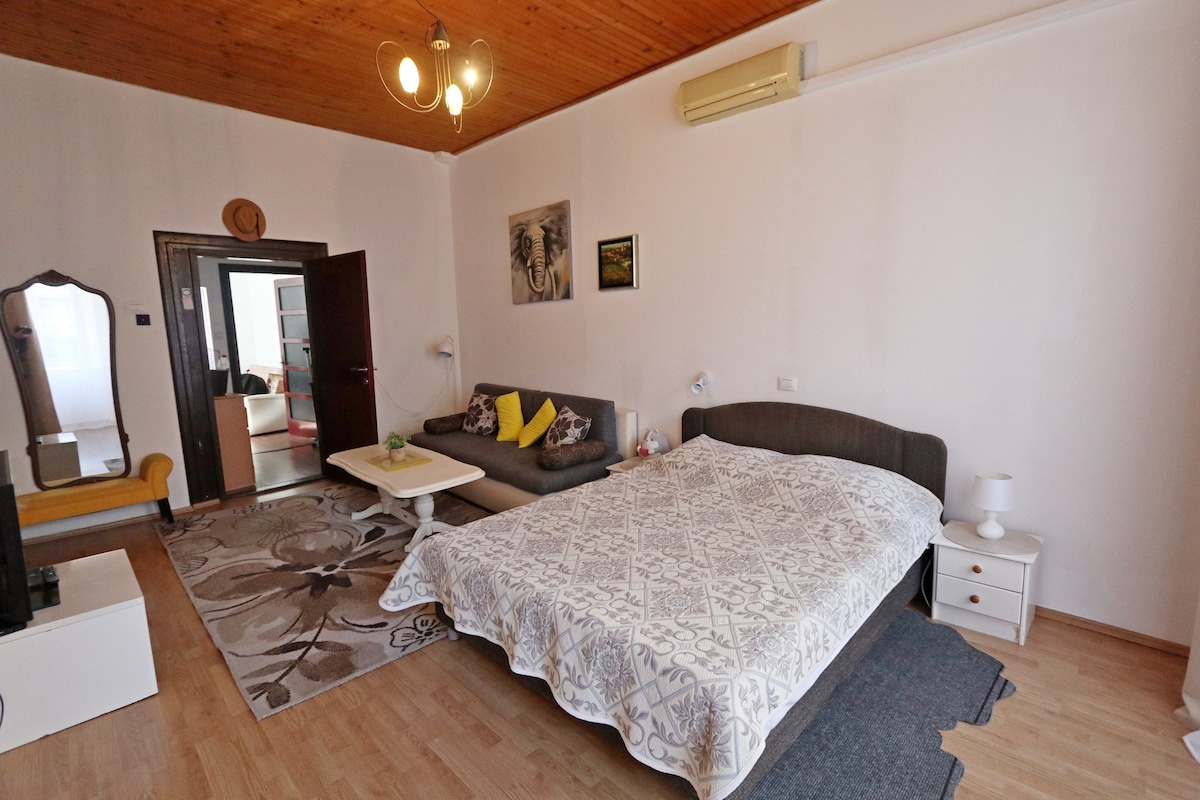 A comfortable room features a spacious bed with a patterned coverlet, accompanied by a cozy sofa with decorative cushions. A small table sits in front of the sofa, and a stylish rug is laid against the wooden floor. Natural light is allowed in through a window, creating a bright atmosphere.