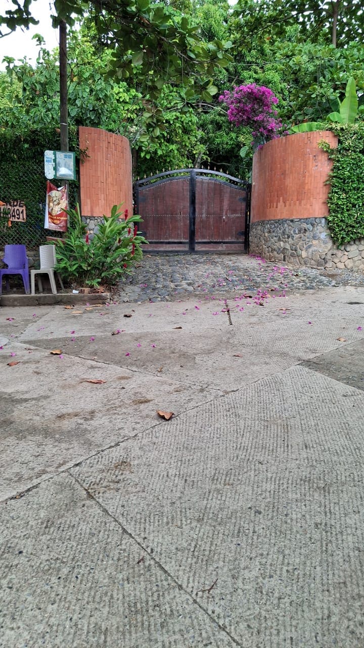 A rustic wooden gate is framed by brick pillars, marked by vibrant purple flowers and lush green foliage. A stone pathway leads to the entrance, scattered with pink flower petals, suggesting a serene and inviting ambiance. The surrounding area features leafy plants and well-maintained landscaping.