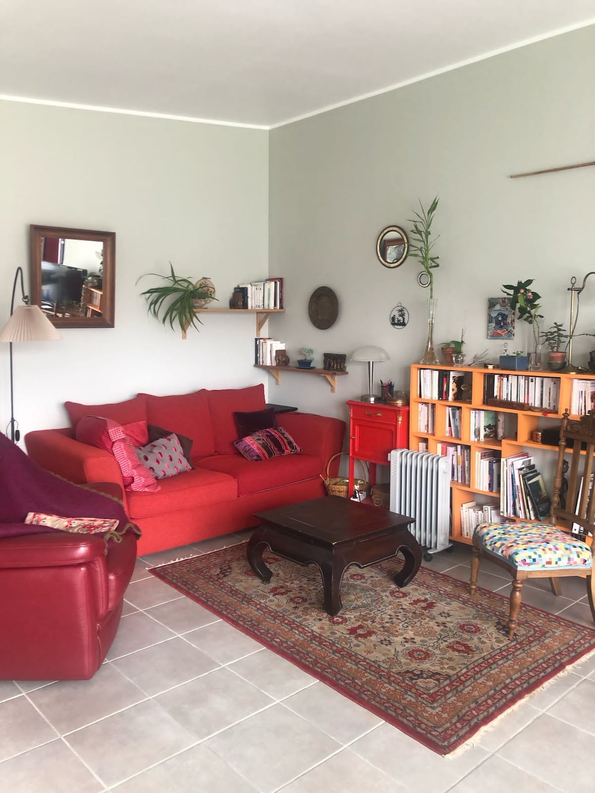 A cozy living room features a vibrant red sofa adorned with patterned cushions. A wooden coffee table rests on a decorative rug, complemented by a bookshelf filled with books. Potted plants are positioned throughout the space, adding a touch of greenery.