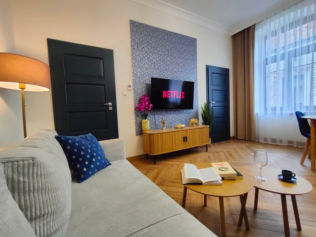 Ფართო, მზიანი მისაღები ოთახი 50-დუიმიანი ტელევიზორითა და დიდი დივნით. Ოთახები 320 სმ სიმაღლით, რომელიც ხაზს უსვამს საიჯარო სახლის ხასიათს