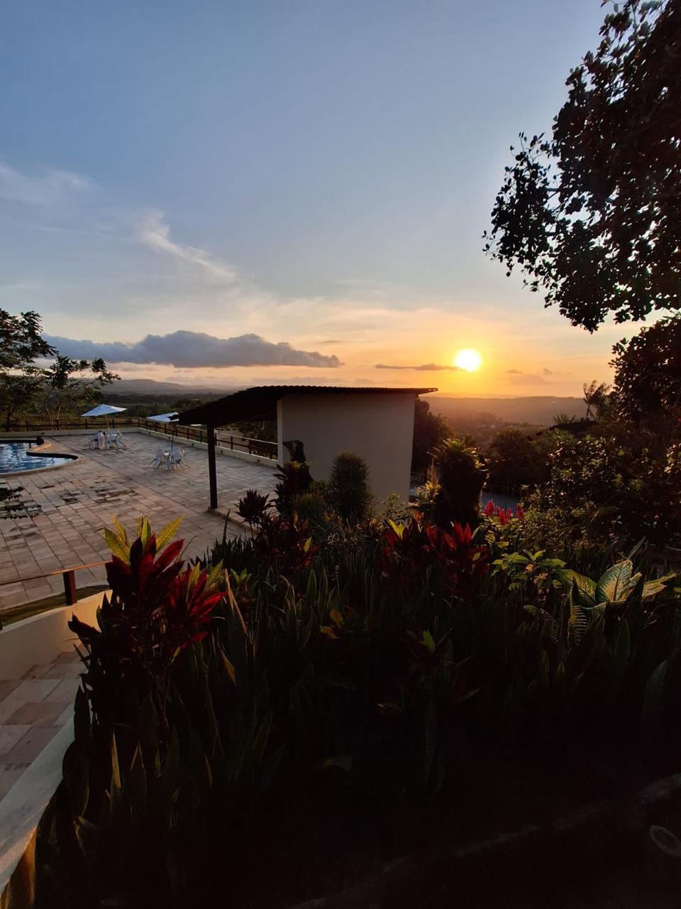 A scenic view captures the sunset over a tranquil landscape, with vibrant foliage in the foreground. The pool area is visible, surrounded by sun loungers, offering a serene atmosphere. Soft lighting enhances the natural beauty as day transitions into evening.