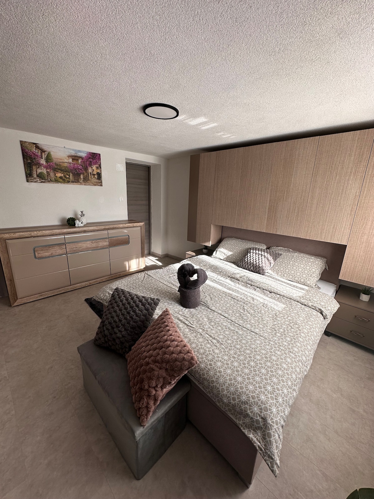 A bright sleeping area is furnished with a spacious bed featuring patterned bedding. Decorative pillows add color to the bed. A sleek dresser is positioned against the wall, complemented by a wall art piece above. Natural light enters through a nearby window.