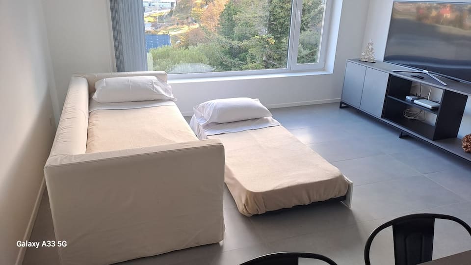 Sala con sofá cama armado y TV