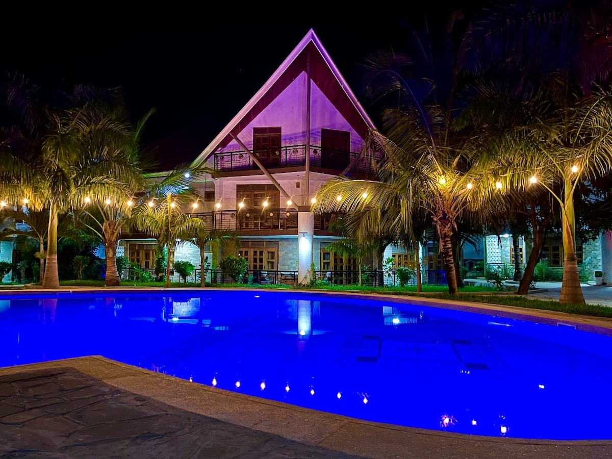 A vibrant blue pool is illuminated under the night sky, framed by lush palm trees and warm string lights. The two-story building features large windows that reflect the colorful lighting, blending seamlessly with the surrounding greenery and creating a tranquil outdoor atmosphere.