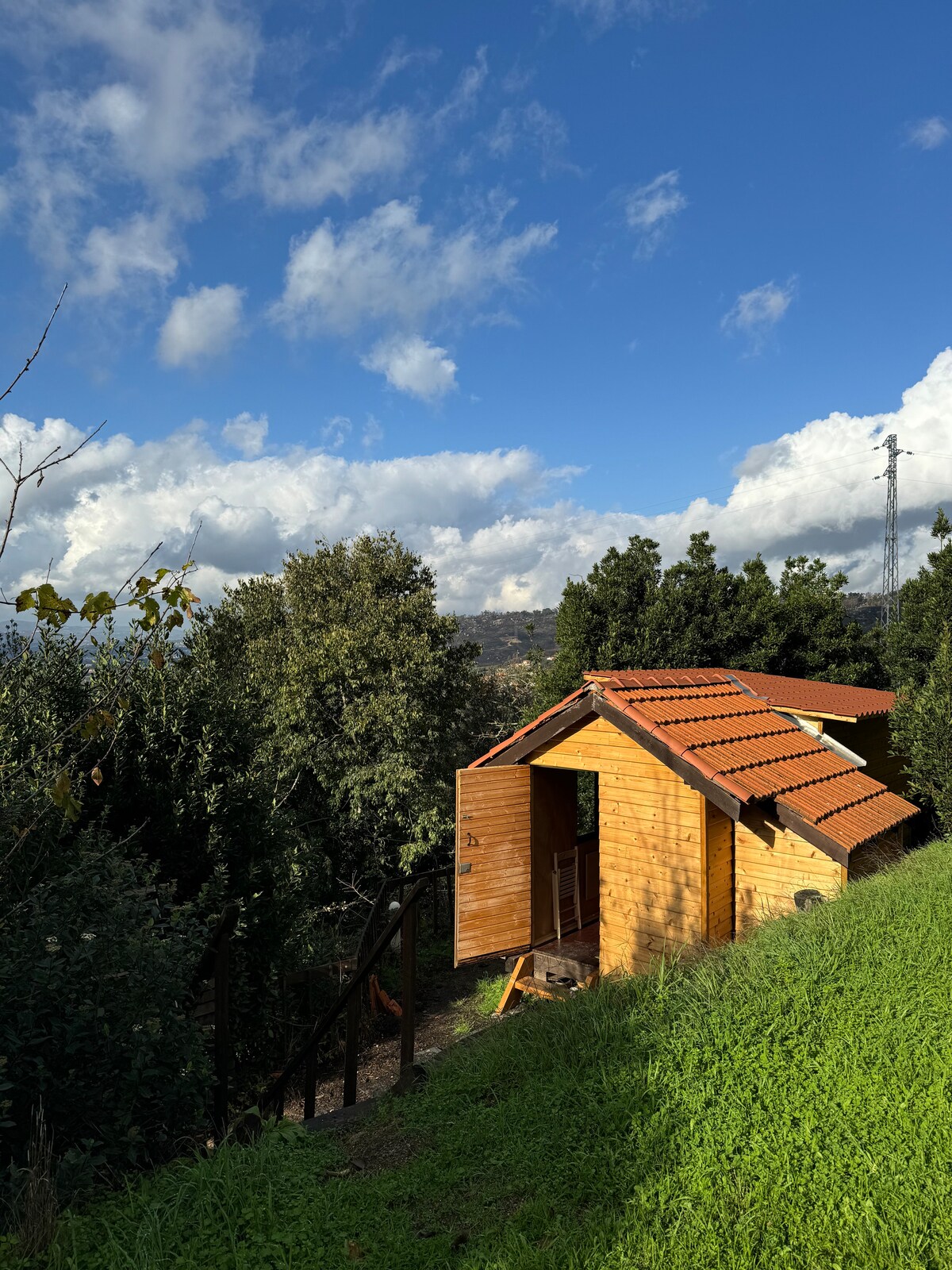 A rustic wooden tiny house is surrounded by lush greenery and rolling hills. The house features a sloped roof with terracotta tiles, and an open side that invites natural light. A staircase leads down to the entrance, blending harmoniously with the landscape.