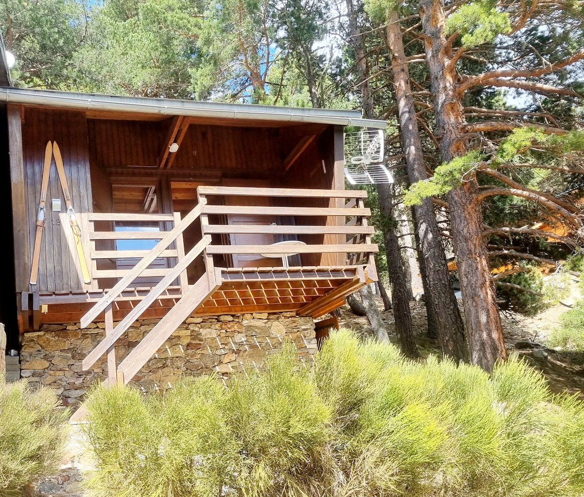 A wooden chalet is positioned within a natural setting, featuring a small terrace with wooden railing. Surrounding greenery includes tall trees and shrubs, complementing the rustic facade of the cabin. Natural light highlights the inviting outdoor space.