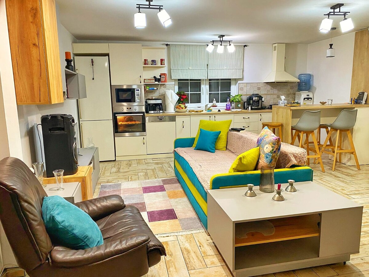 На приземјето има великодушна, отворена дневна соба со целосно опремена кујна.