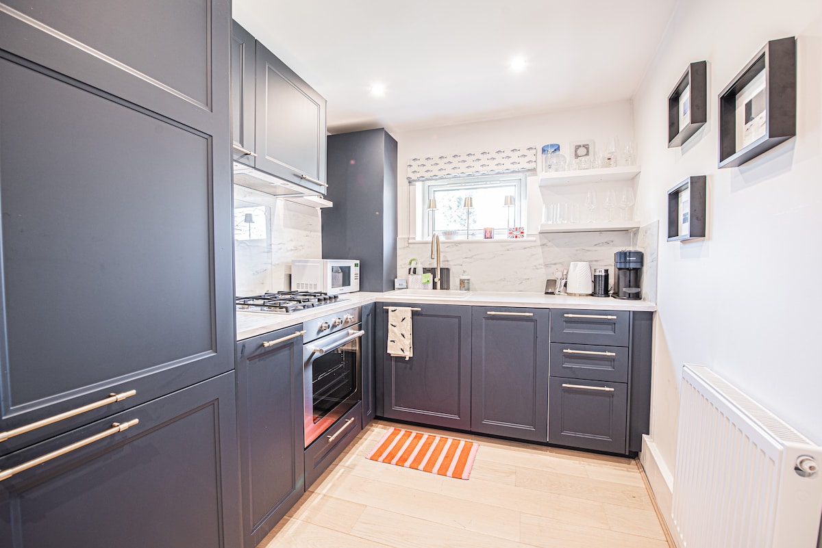 The kitchen showcases sleek navy cabinets paired with a light countertop. A modern gas stove and microwave are visible, along with various kitchen appliances. Natural light enters through a window, illuminating the space. A striped mat adds a subtle pop of color on the floor.