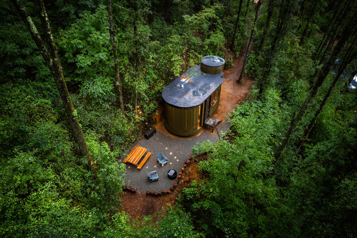 An aerial view captures the cabin surrounded by lush greenery, highlighting its circular design. A cozy outdoor seating area is visible, featuring picnic-style tables and a fire pit, inviting relaxation in a natural setting. Towering trees frame the serene environment.