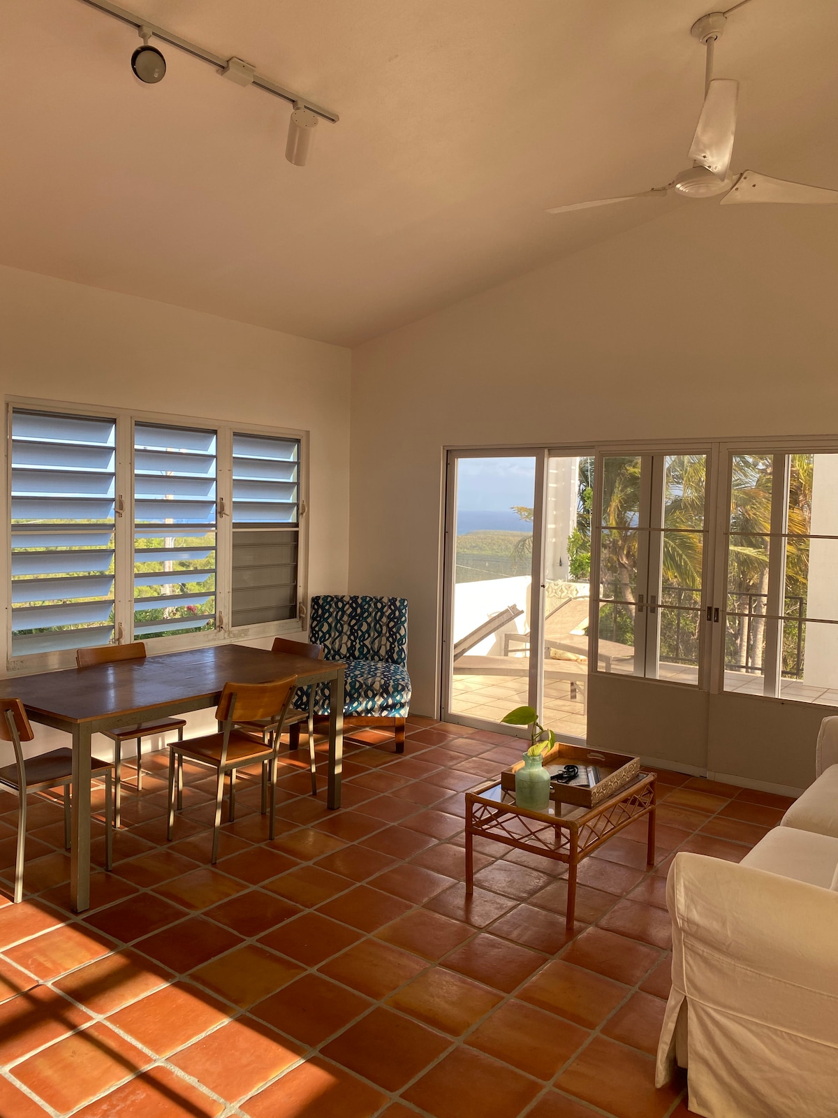 A bright living space is furnished with a wooden dining table and four chairs, accompanied by a cozy seating area. Large windows and doors frame views of the outdoors, enhancing the room's natural light. The terracotta tiled floor complements the overall ambiance.