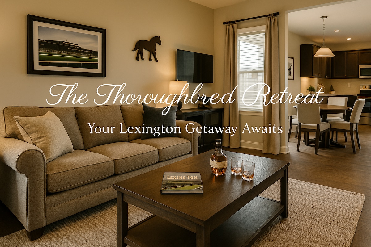 A comfortable living space is featured, showcasing a light brown sofa paired with a wooden coffee table displaying two glasses and a whiskey bottle. A neutral rug covers the floor, while a decorative horse silhouette adorns the wall. The adjacent dining area is visible, enhancing the open plan.