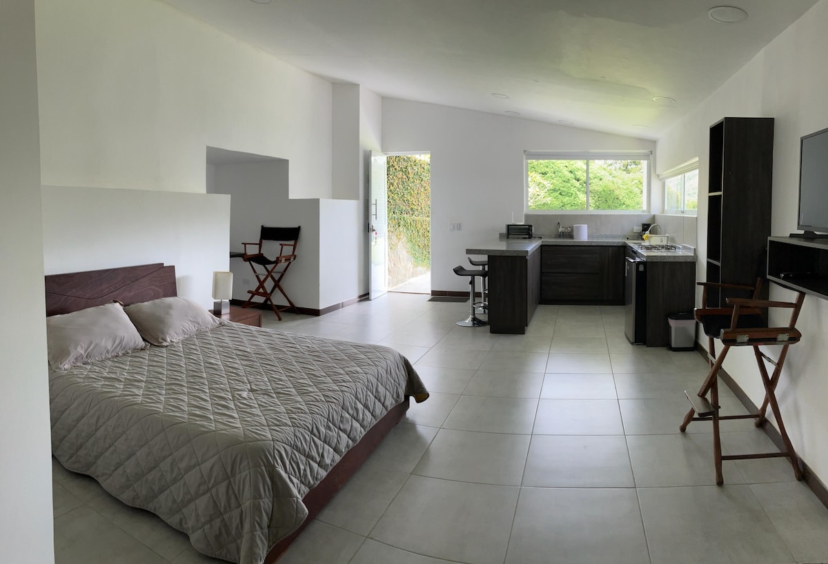 A spacious room features a large bed covered with a light quilt. Natural light floods in through large windows, illuminating the open kitchen area with modern cabinetry. A small dining table and two chairs are present, providing a comfortable space for meals.