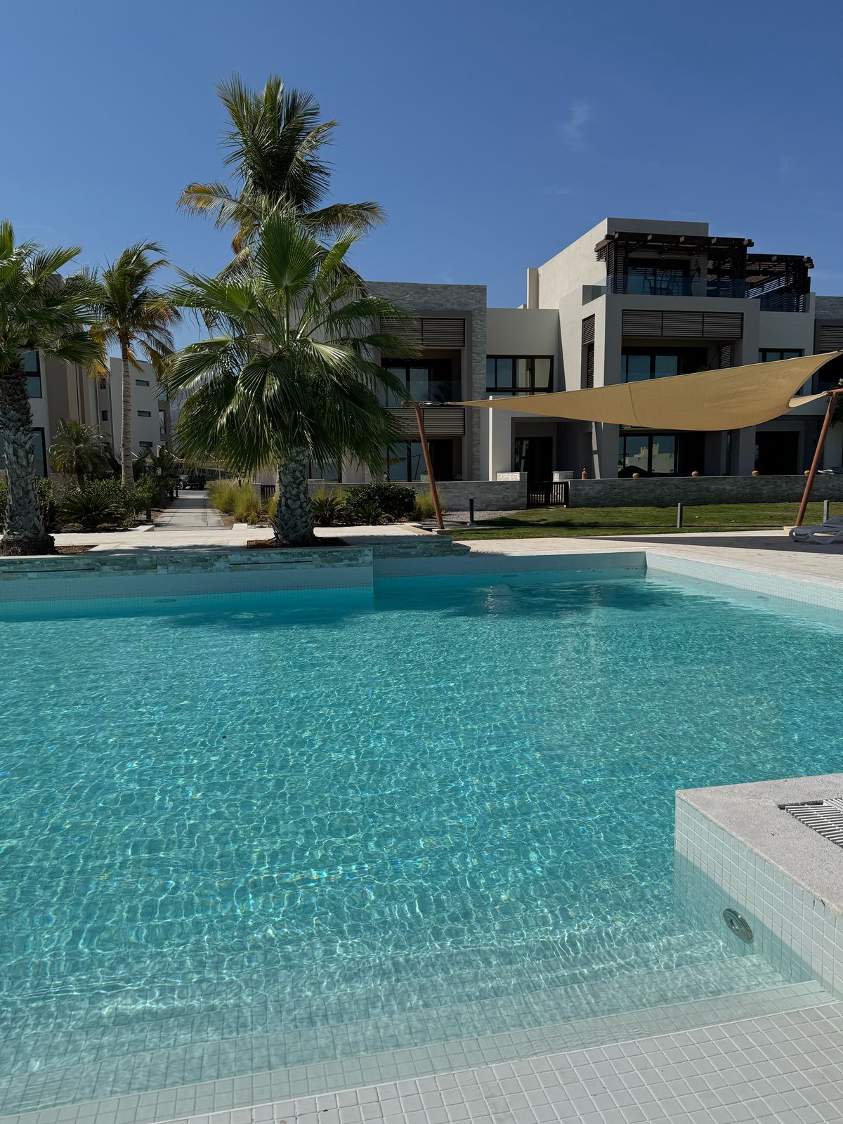 A clear swimming pool is visible, reflecting the bright blue sky above. Palm trees line the edges, providing shade near the water. In the background, the villa's modern architecture is noticeable, featuring large windows and shaded areas for outdoor relaxation.