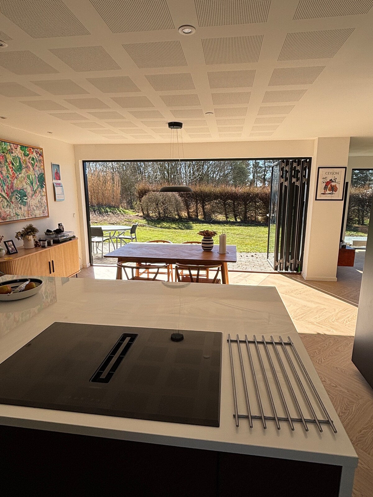 A modern kitchen is featured, showcasing a sleek countertop with a cooktop and utensils nearby. A dining area is visible through large glass doors, leading to an outdoor space with a view of green surroundings and a paved patio. Natural light enhances the room's atmosphere.