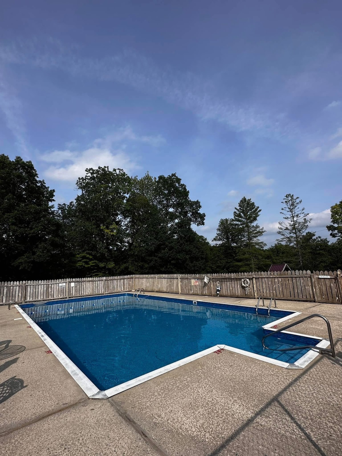 An outdoor swimming pool is framed by a wooden fence, surrounded by tall trees that provide shade. The clear blue water is calm under a partially cloudy sky, and a pool ladder leads into the shallow end. The surrounding deck offers a spacious area for relaxation.