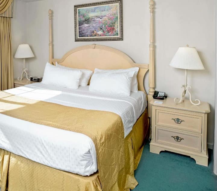 Просторниот брачен кревет (широк 180 – 220 см) е главниот елемент на оваа елегантна спална соба, нудејќи врвна удобност, мирна атмосфера и многу простор за опуштање за гостите да можат да уживаат во мирен и освежувачки престој во текот на нивната посета.