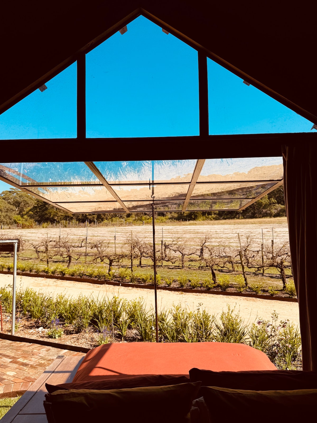 A spacious window is positioned above a cozy bed, opening up to reveal expansive views of the vineyard and blue sky beyond. Sunlight streams into the room, illuminating the inviting interior while offering a glimpse of the lush greenery outside.
