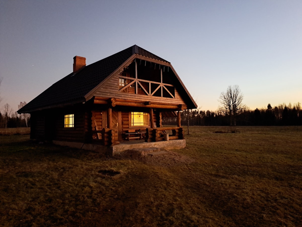 A rustic log cabin is set against a twilight sky, featuring a sloped roof and a covered porch. Warm light emanates from the windows, contrasting with the cool tones of dusk. Surrounding grassland adds to the serene setting, with trees visible in the background.