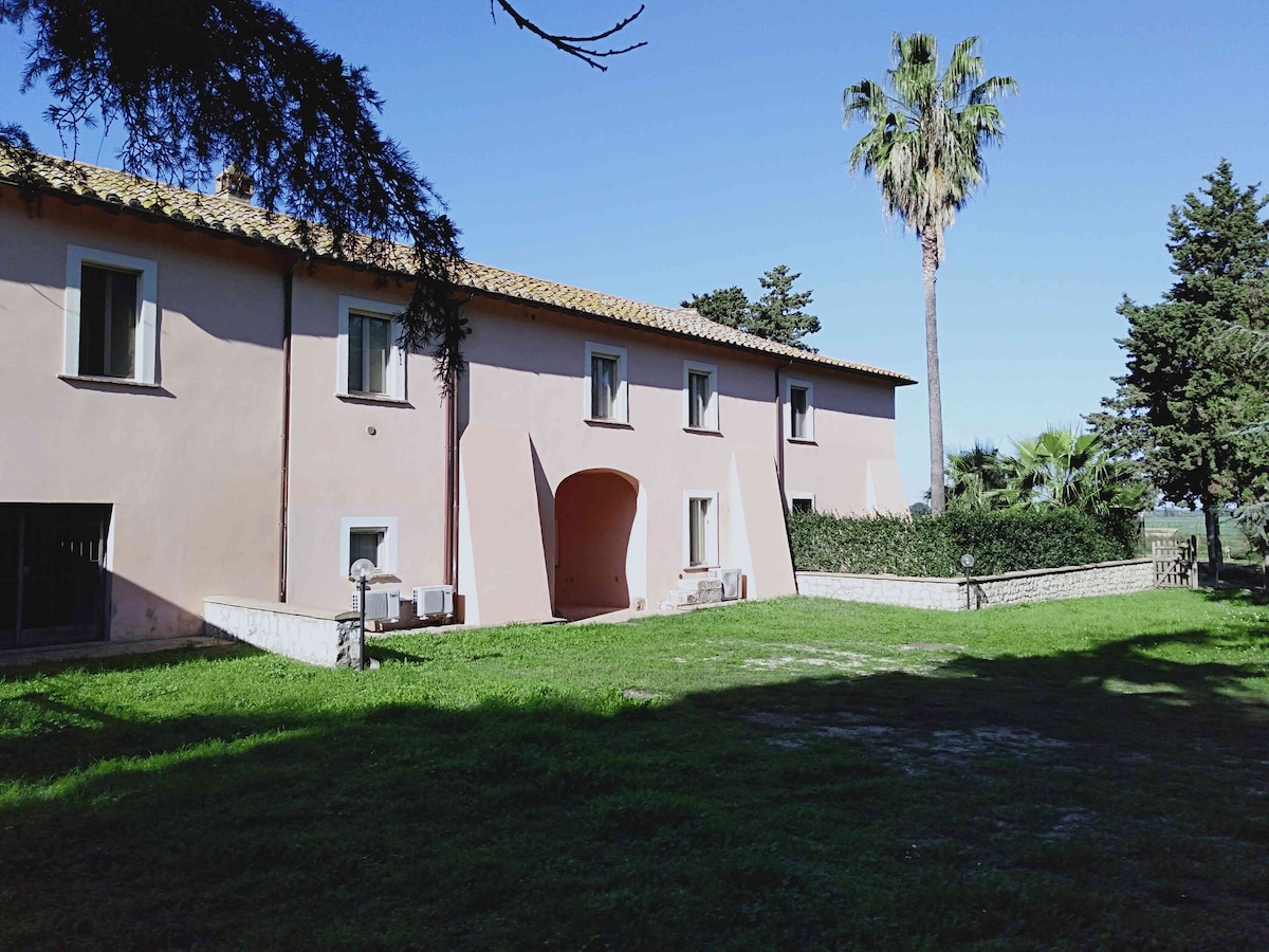 The exterior of the property features a light pink facade with multiple windows. A welcoming archway is visible, flanked by air conditioning units. Lush green grass surrounds the building, complemented by tall palm trees and other greenery in the background.