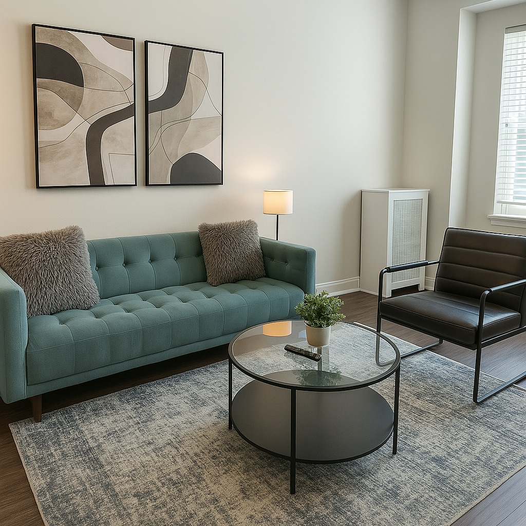 A cozy living area features a mint green sofa with textured pillows, accompanied by a sleek black chair. A round coffee table sits at the center, topped with a small potted plant. Soft natural light enters through the window, highlighting the neutral tones of the decor.