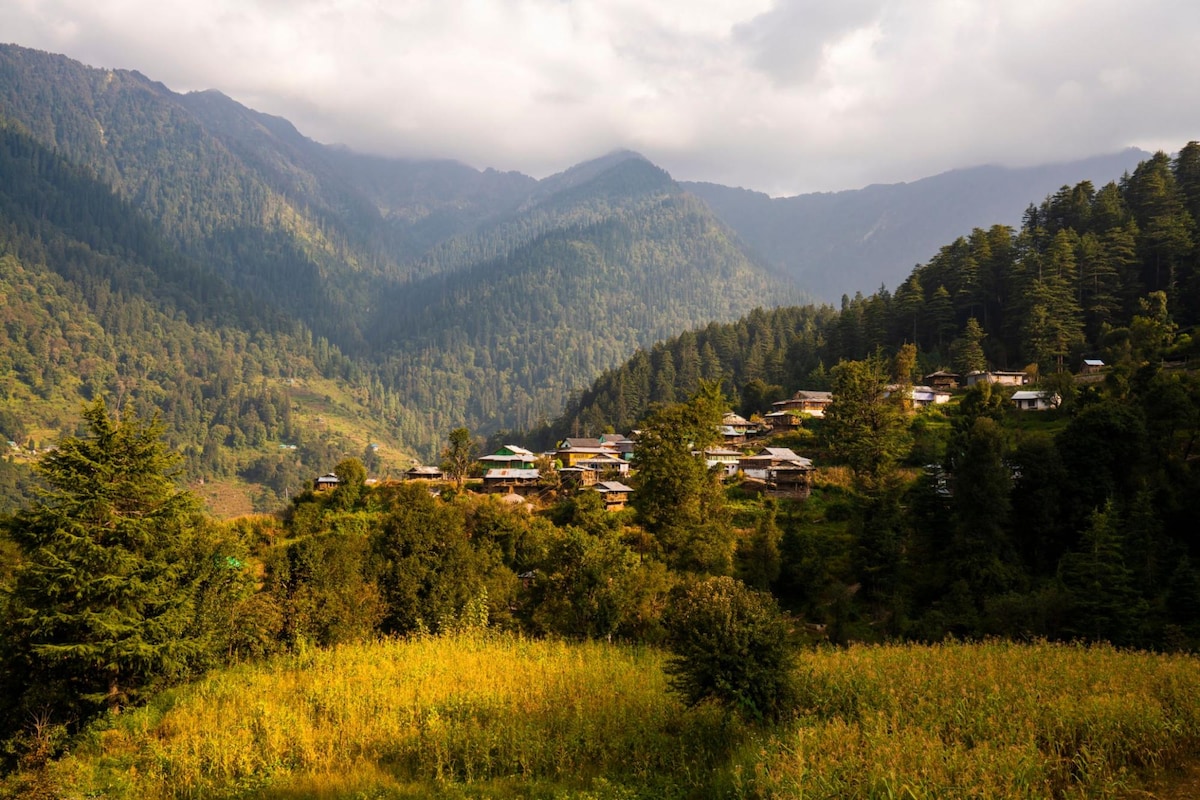 A scenic view of a mountainous landscape features rolling hills adorned with vibrant green trees and fields. The quaint village nestled among the hills showcases wooden cottages, framed by majestic mountains under a partly cloudy sky.