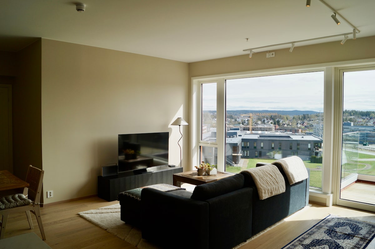 A spacious living area features a comfortable dark sofa facing a sleek television. Large windows allow ample natural light and provide views of the surrounding landscape. A wooden coffee table sits centrally, and neutral-toned walls complement the modern design.