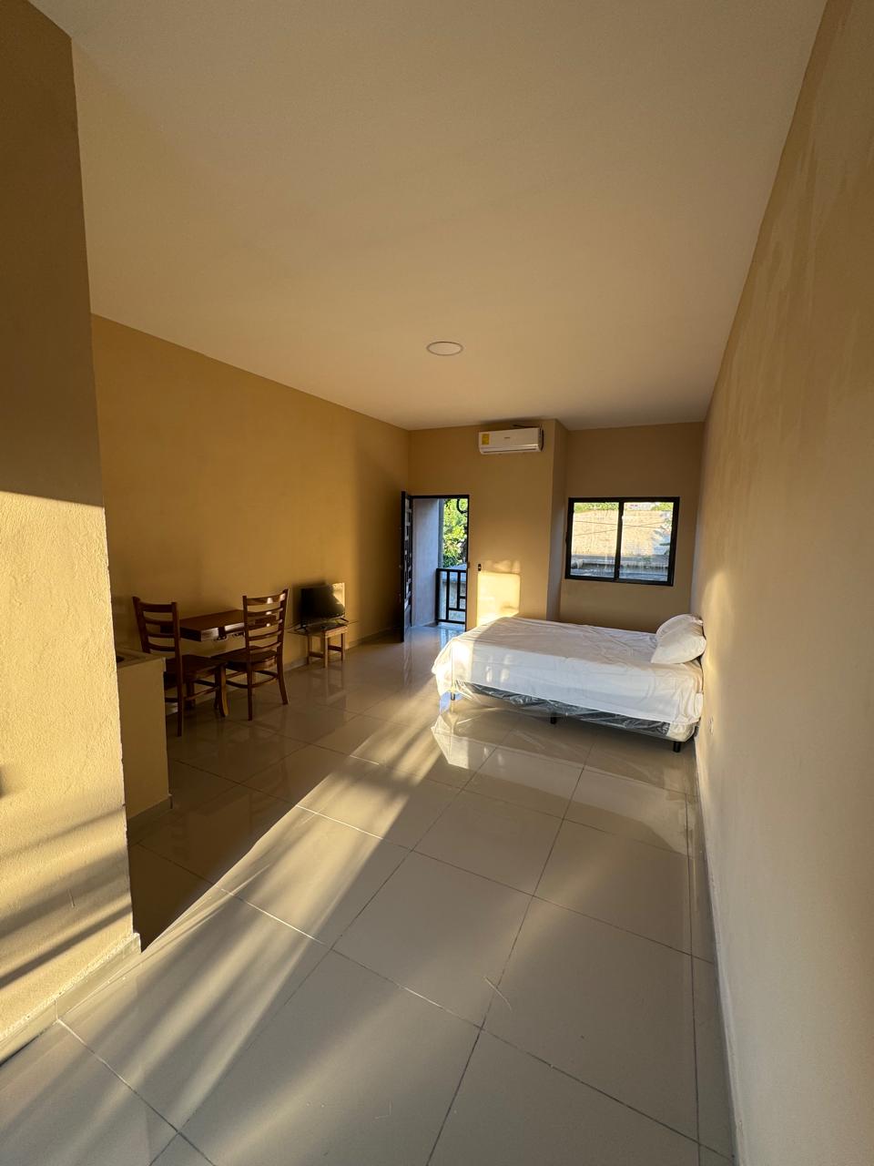A bright and spacious room features a double bed positioned against a wall. A small dining table with chairs is visible, along with a flat-screen TV mounted on the opposite wall. Natural light streams through two large windows, enhancing the neutral-colored walls.