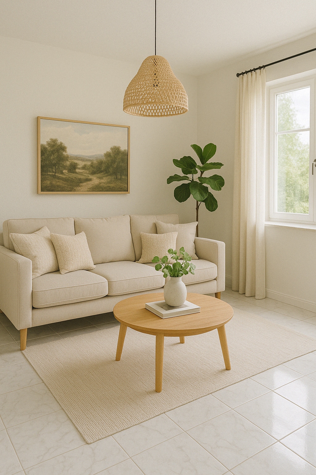 A light-filled living area features a neutral-colored sofa adorned with soft cushions. A round wooden coffee table sits on a woven area rug, complemented by a potted plant and a decorative vase. Natural light illuminates the space through a window dressed with flowing curtains.