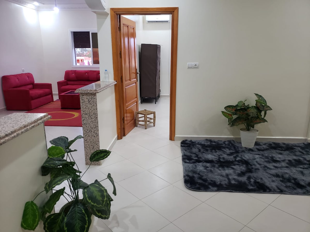 An entryway is presented, featuring light-colored tiled flooring and a plush area rug. A potted plant adds a touch of greenery beside the door. To the left, red seating is visible, while a tall brown piece of furniture stands in the background.