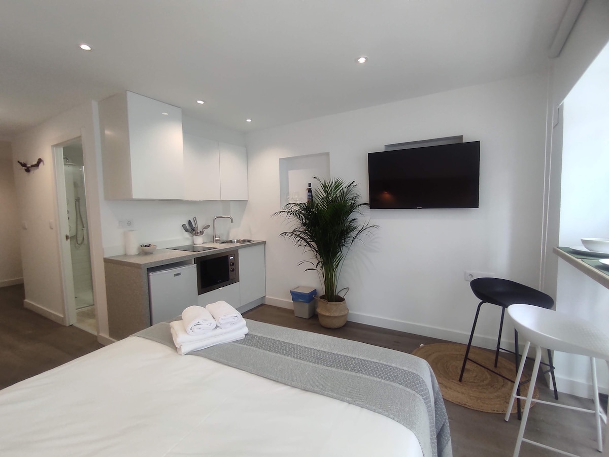A modern studio space is presented, featuring a spacious bed with neatly arranged towels. A functional kitchenette is visible, complete with essential appliances. A comfortable seating area is noted, accompanied by a decorative plant. Light enters through large windows, enhancing the bright interior.