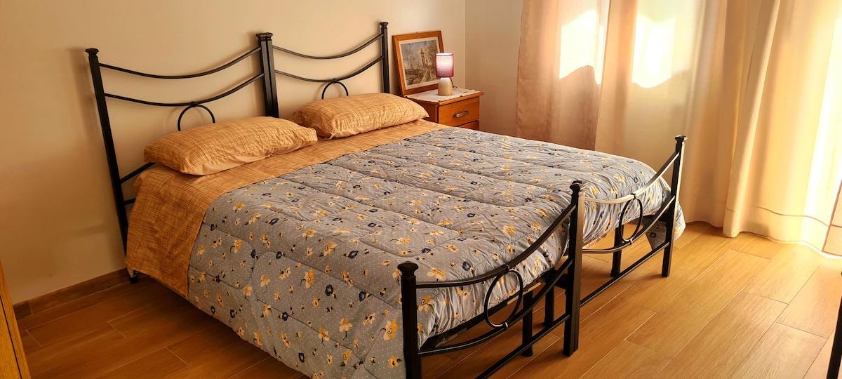A spacious bed with light-colored bedding is positioned against a neutral wall. Soft natural light filters in through sheer curtains, creating a calming ambiance. A bedside table with a lamp and a framed picture adds warmth to the cozy atmosphere.