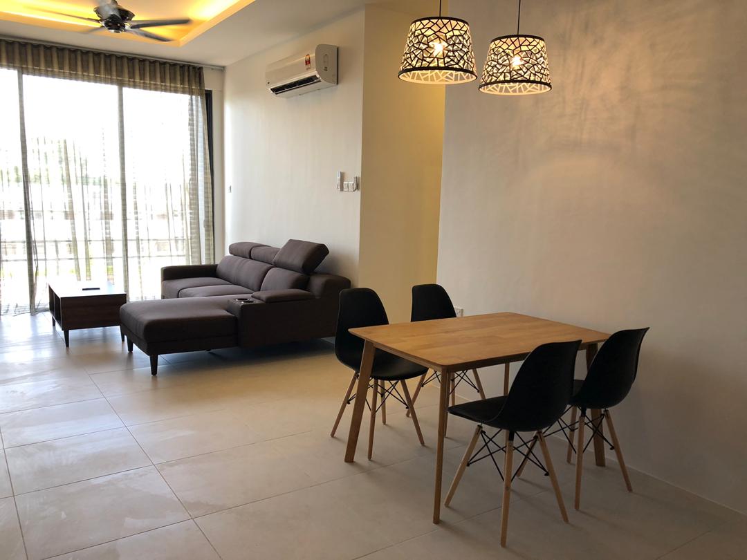 A contemporary living and dining area is present, featuring a cozy sofa and a wooden dining table with four black chairs. Soft lighting fixtures hang above, while large glass doors provide natural light and access to a balcony.