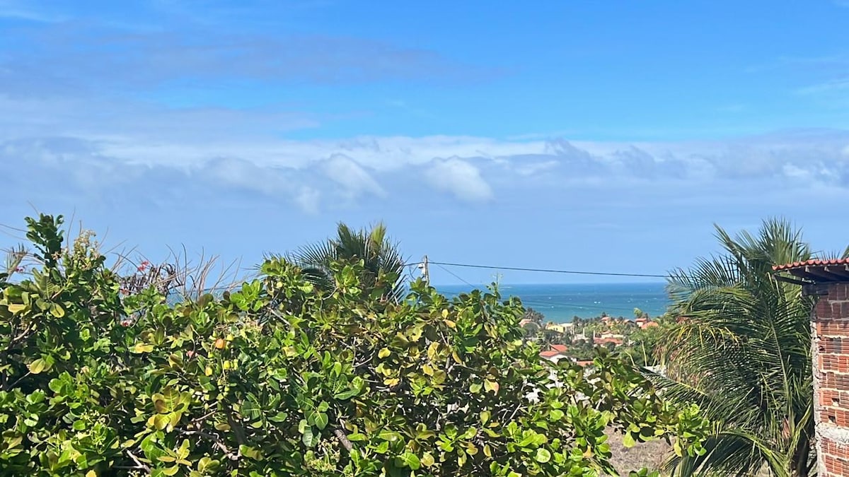 The image features a panoramic view showing the ocean in the distance, framed by lush green foliage and palm trees in the foreground. A clear blue sky with scattered clouds creates a serene backdrop, highlighting the natural beauty of the coastal setting.
