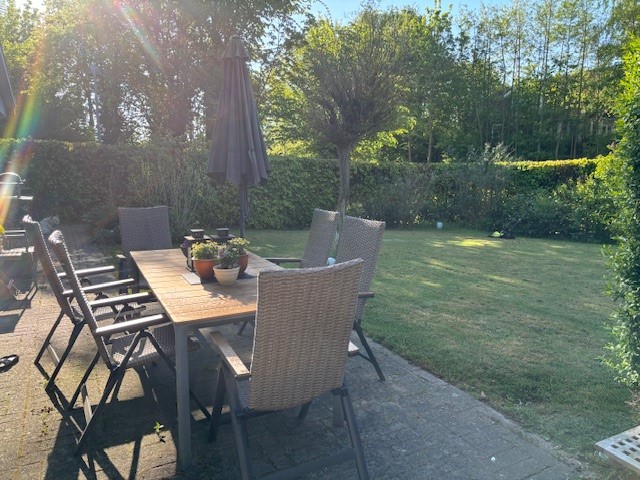 An outdoor terrace features a wooden dining table surrounded by six wicker chairs. A large umbrella provides shade, while the well-maintained lawn and lush greenery create a serene environment. Soft sunlight filters through, illuminating the space.