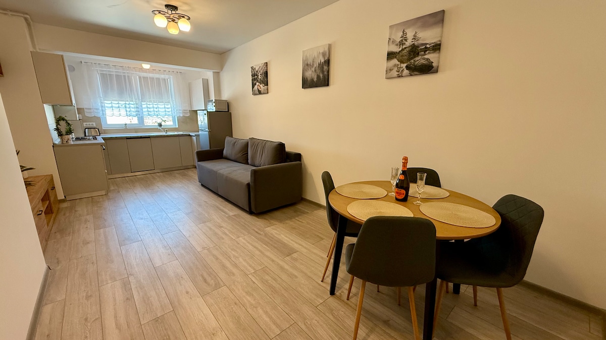 A spacious living area features a comfortable sofa and a dining table set for four. On the left, a kitchen area is visible, equipped with modern appliances. Soft natural light enters through a large window, enhancing the welcoming feel of the space.