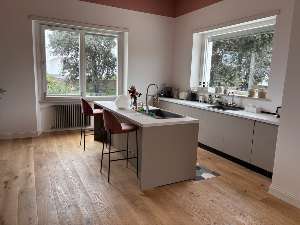 A modern kitchen is presented, featuring an island with seating for two. Large windows allow natural light to fill the space, showcasing light wood flooring and minimalist cabinetry. A sleek sink and various kitchen essentials are visible, accentuated by a subtle color palette.