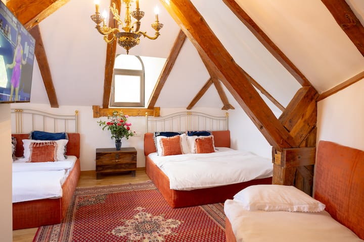 家庭房配备2张标准双人床、1张单人床、下沉式浴缸、原装100年历史的木梁，还可以欣赏壮丽的山景。 配备2台电视，空间充裕，是家庭或小团体的理想之选，舒适迷人。