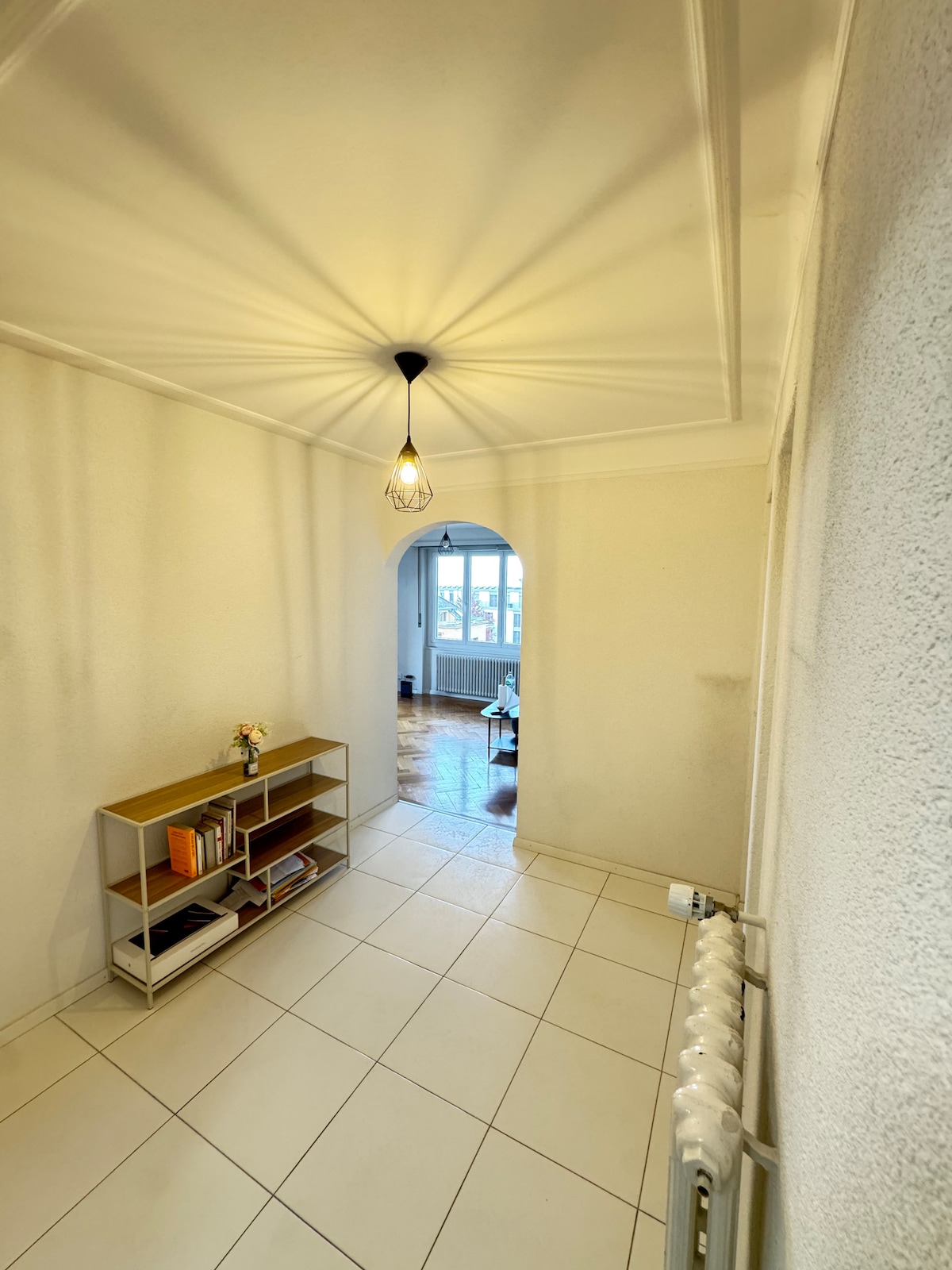 A well-lit hallway features light-colored walls and a patterned ceiling, with a modern pendant light hanging above. A shelf holds books and a decorative flower. The hallway leads to a living area visible in the background, enhancing the sense of space.