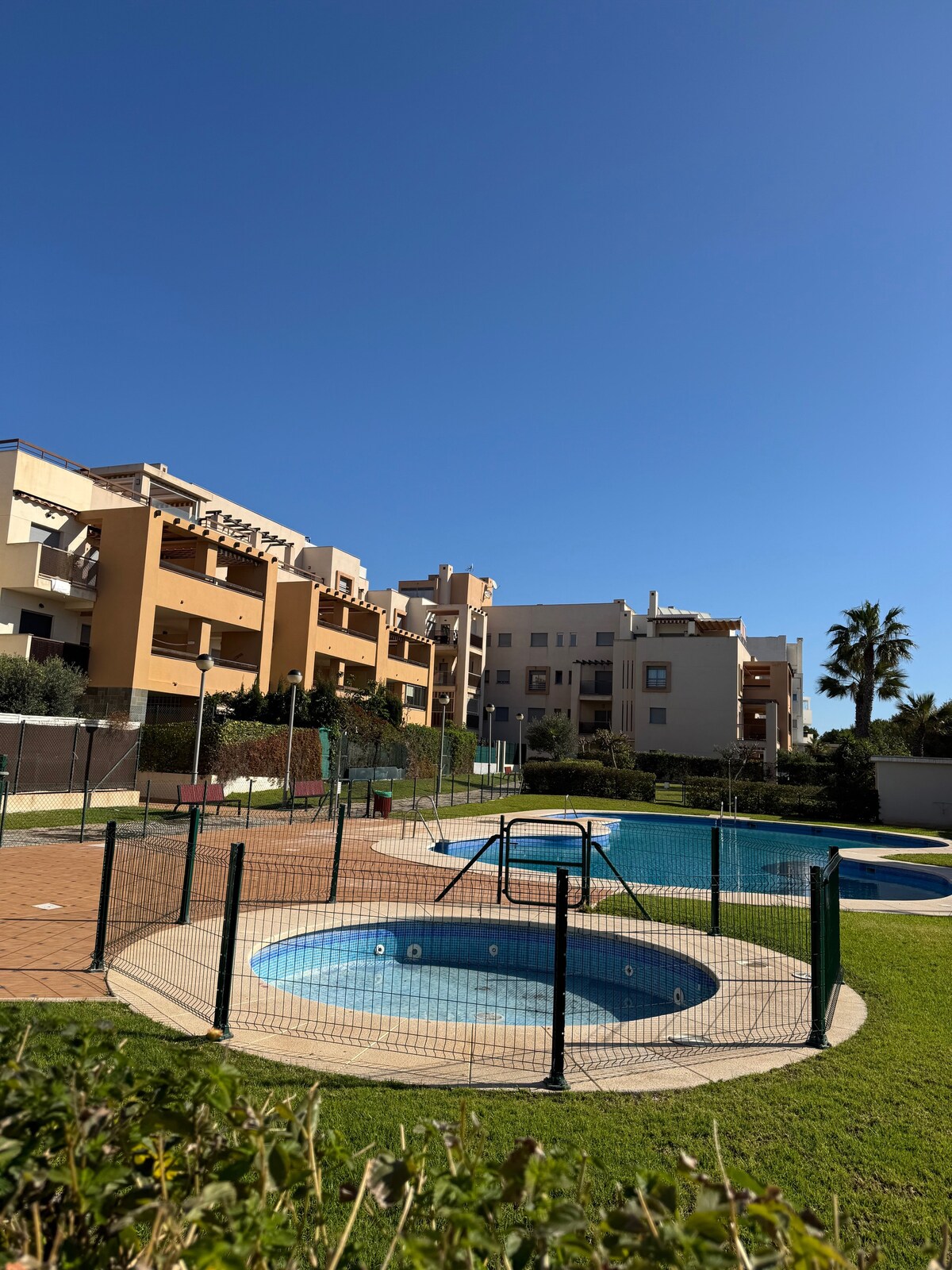 A well-maintained outdoor area features two swimming pools, one circular and one rectangular, surrounded by a green lawn. Sun loungers are positioned nearby. The surrounding buildings are set against a clear blue sky, and palm trees provide a touch of greenery.