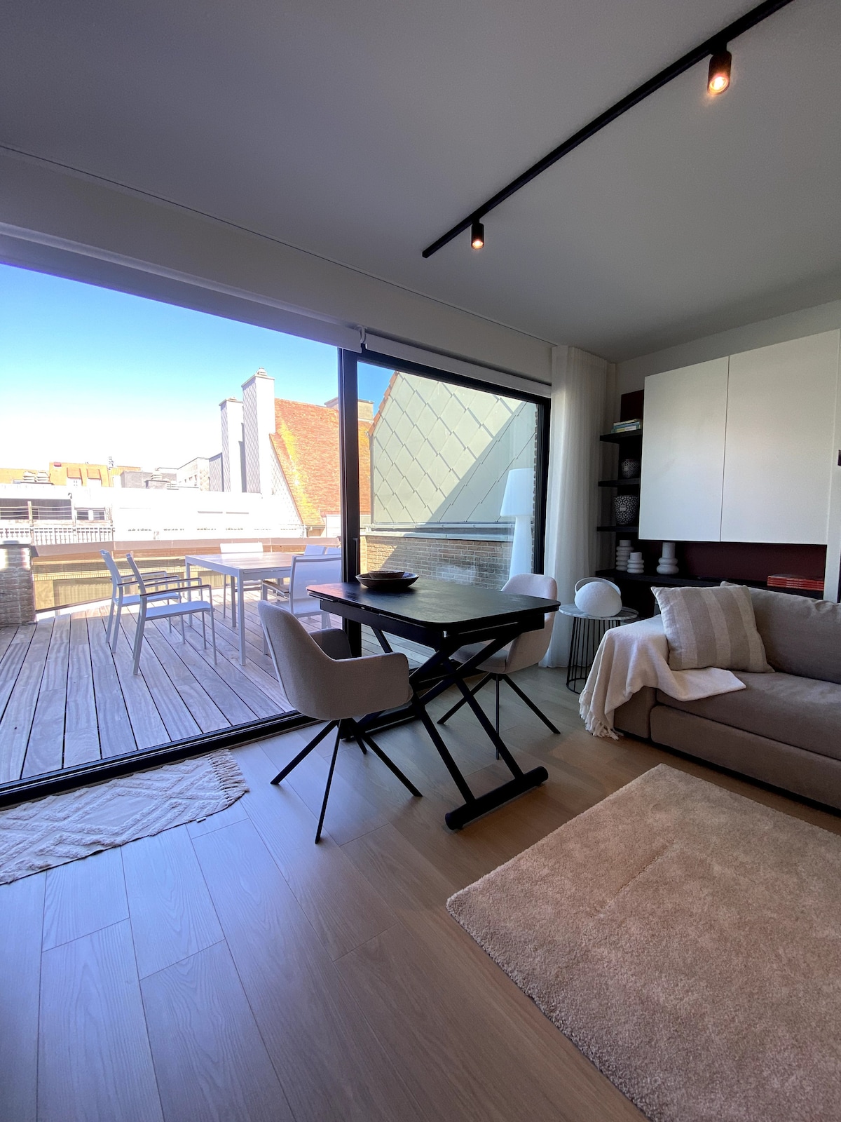 A living area features a comfortable sofa facing large glass doors that provide access to a spacious terrace. A dining table with two chairs is positioned nearby, complemented by a light rug on the floor. The view displays clear blue skies and neighboring rooftops.